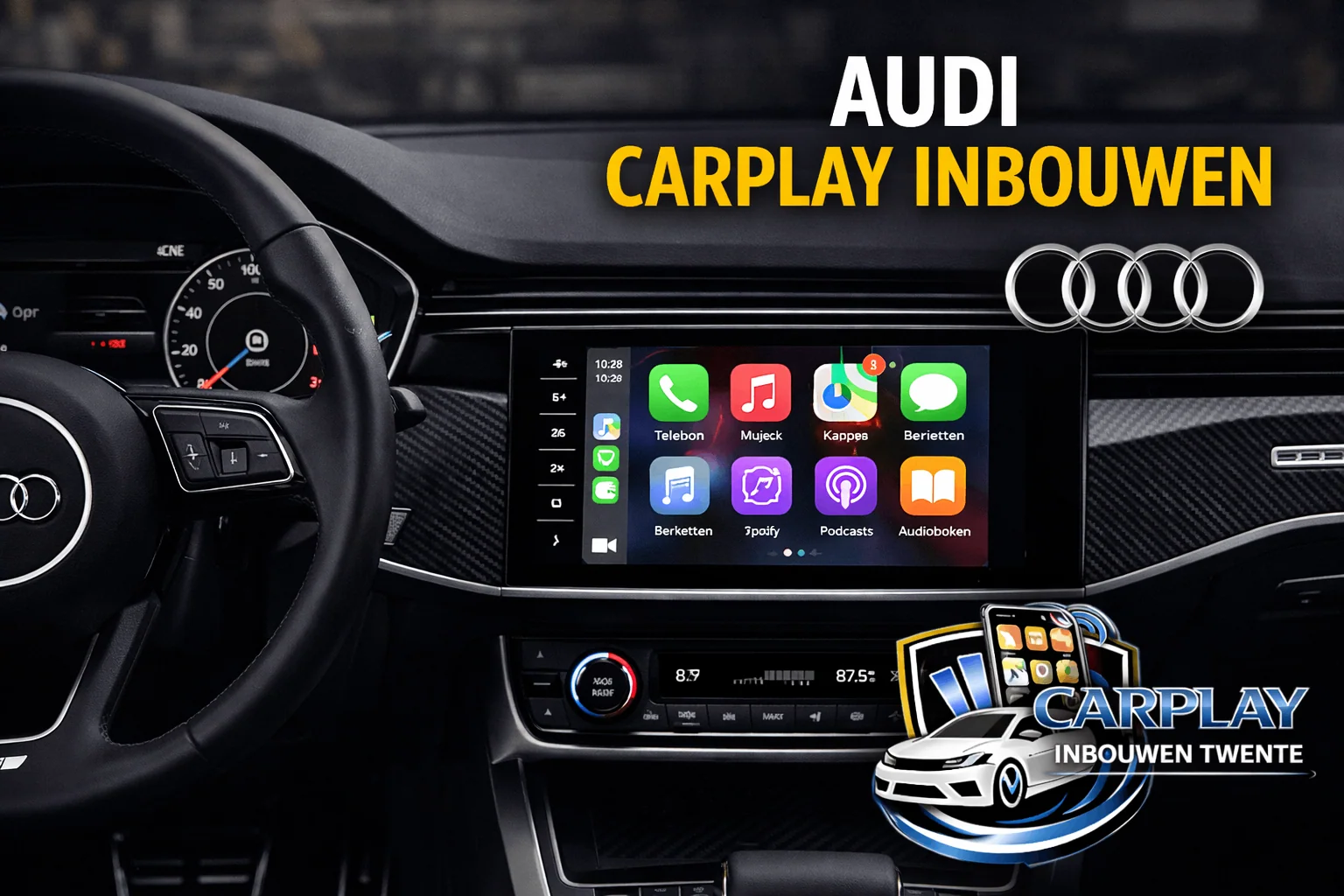 Close-up van Audi MMI bedieningspaneel en scherm met Android Auto interface
