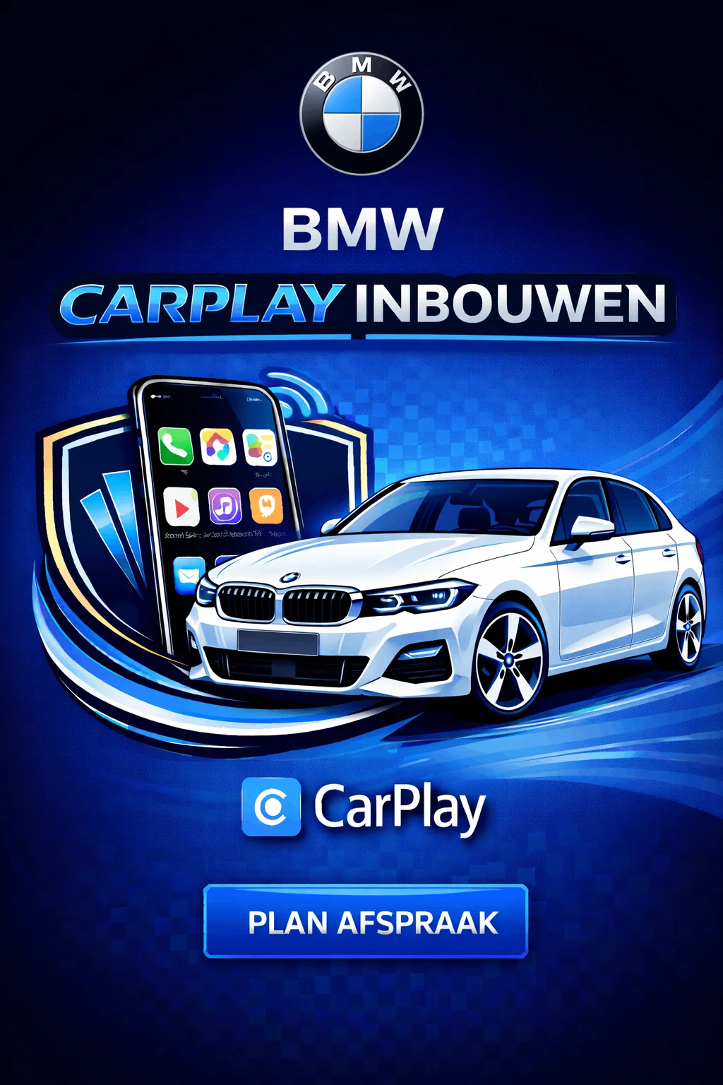 Modern BMW interieur met iDrive scherm waarop Apple CarPlay draait