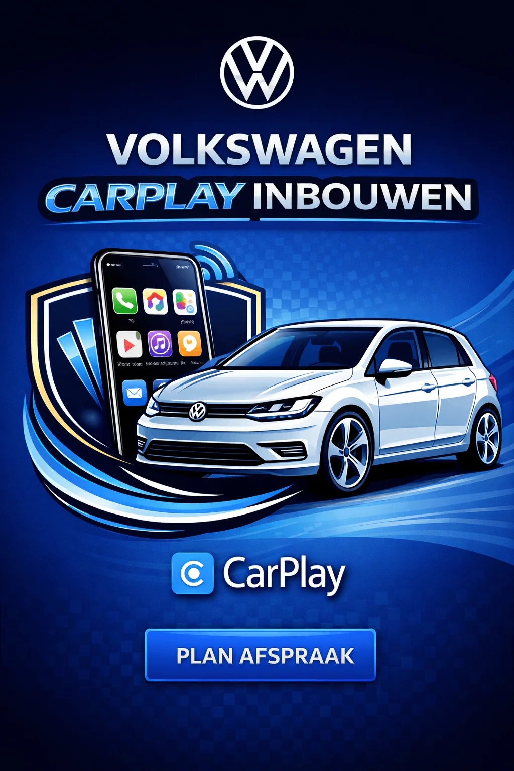 Interieur van een Volkswagen Golf met een geavanceerd Apple CarPlay systeem op het dashboard scherm