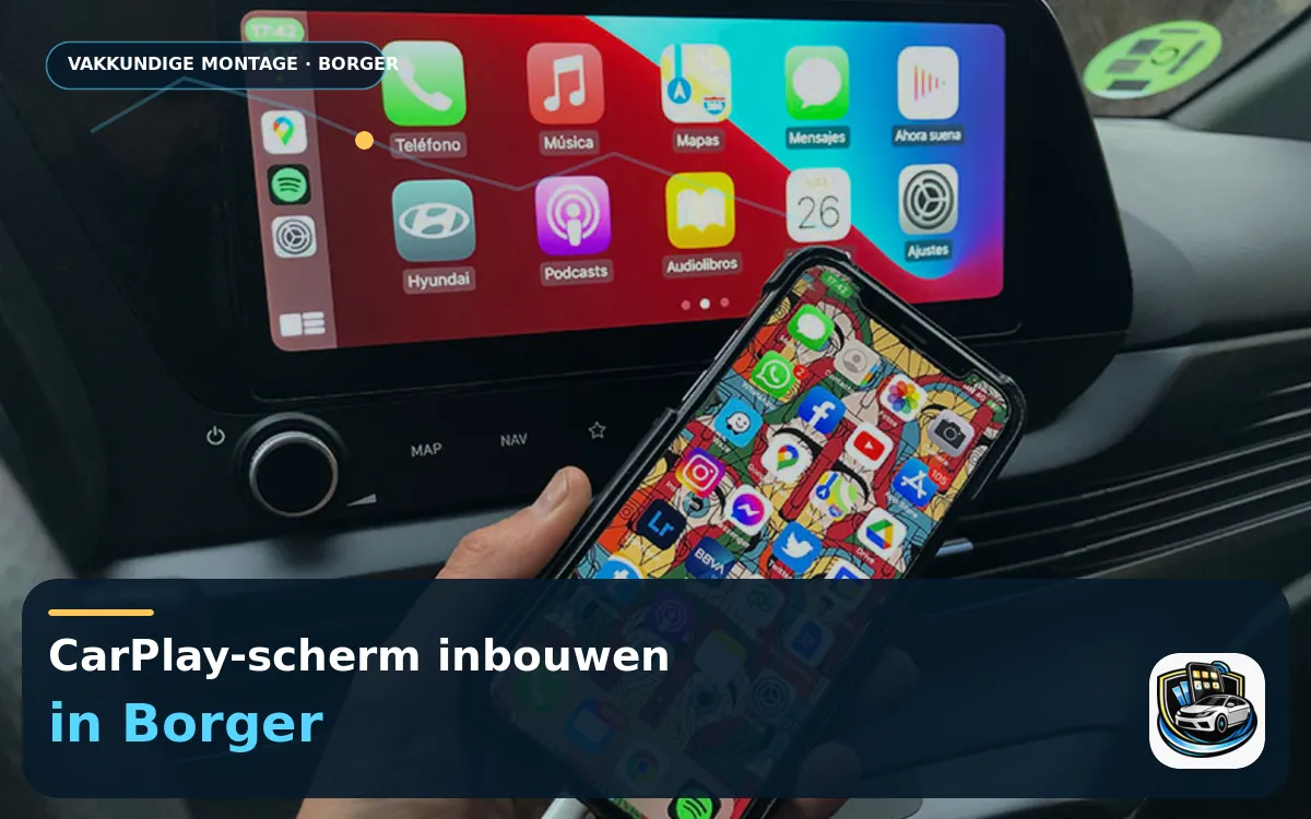 CarPlay Inbouwen Borger — CarPlay-scherm en smartphone tijdens gebruik