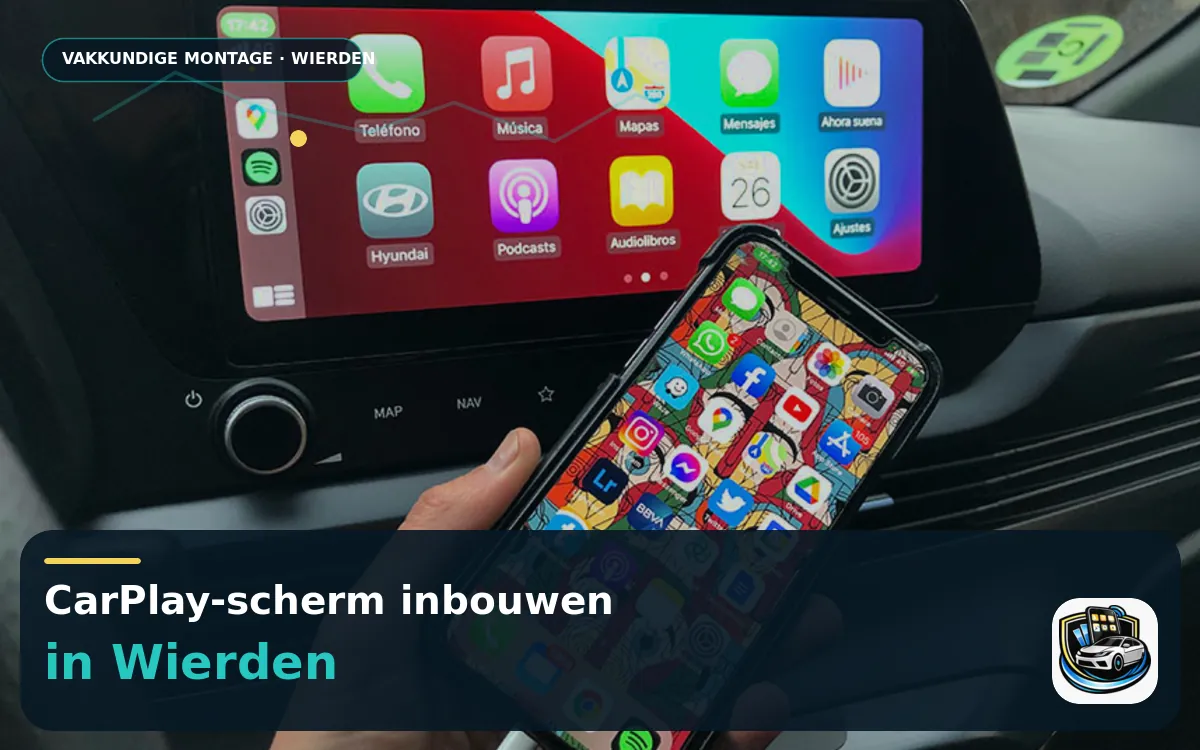 CarPlay Inbouwen Wierden — CarPlay-scherm en smartphone tijdens gebruik