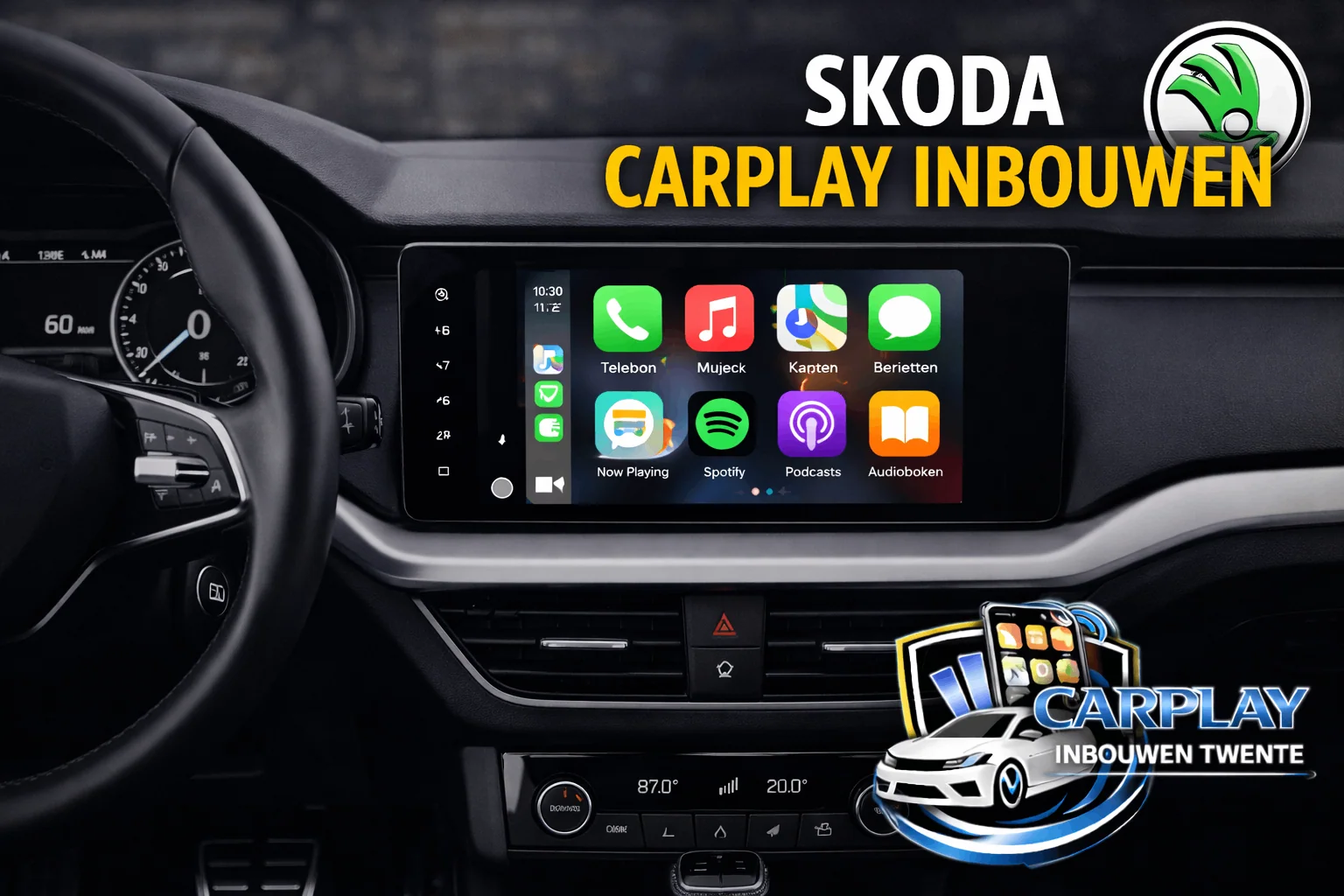 Skoda Amundsen scherm met Apple CarPlay interface en Spotify